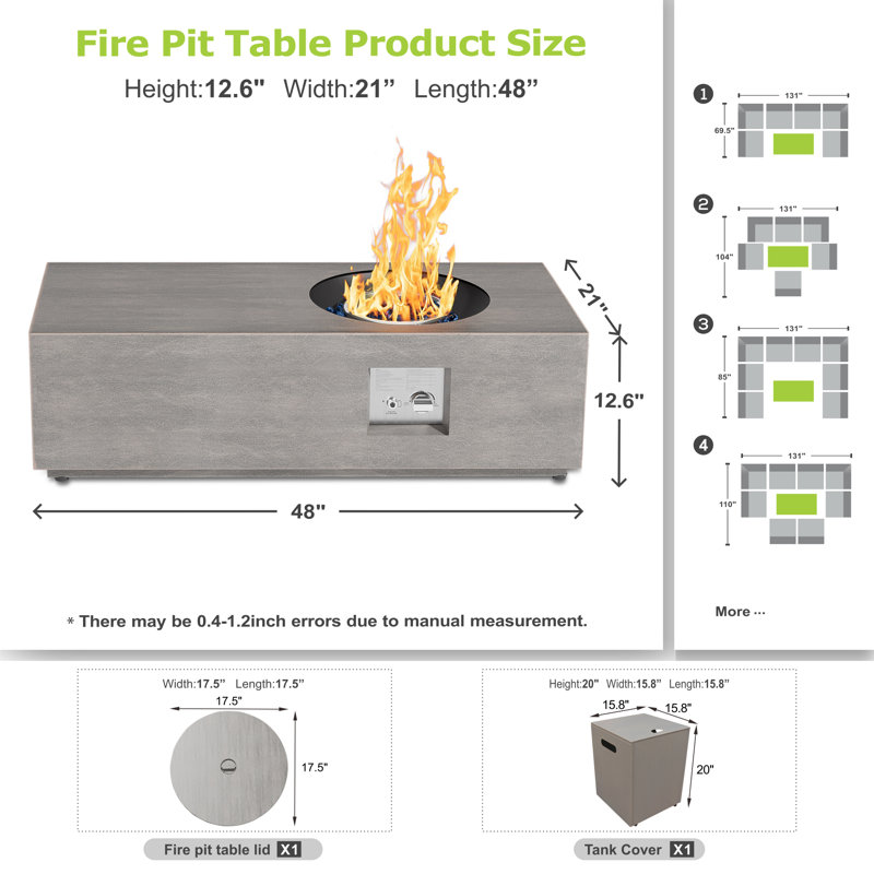 12.6’’ H X 48’’ W Metal Propane Outdoor Gas Fire Pit Table With Colorful Rgb Light, Light Brown