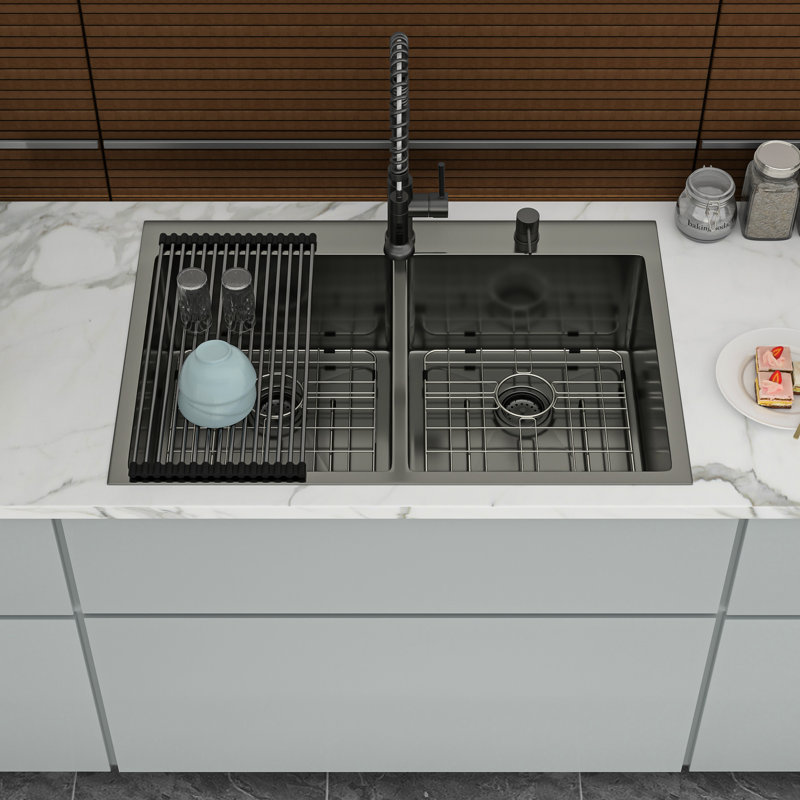 33"X22" Gunmetal Black 16 Gauge Double Bowl Drop In Sink With 10" Deep Basins, 50/50 Design For Improved Kitchen Workflow, Hand - Crafted Rear 3.5 Drain, X Grooves Easy Water Disposal, 3Mm Sound