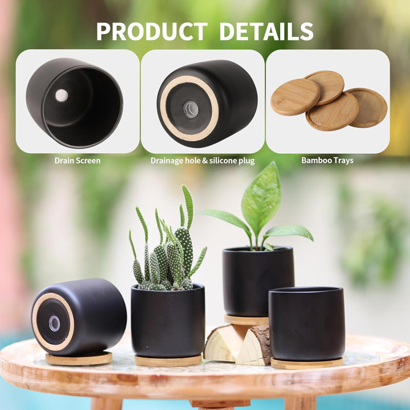 Pots à plantes en céramique 4 "avec drainage et plateaux