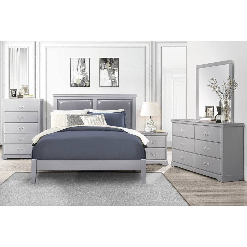 Très grand lit pour la chambre à coucher - Panneau oriental gris avec tête de lit tapissier couleur bois et confort moelleux