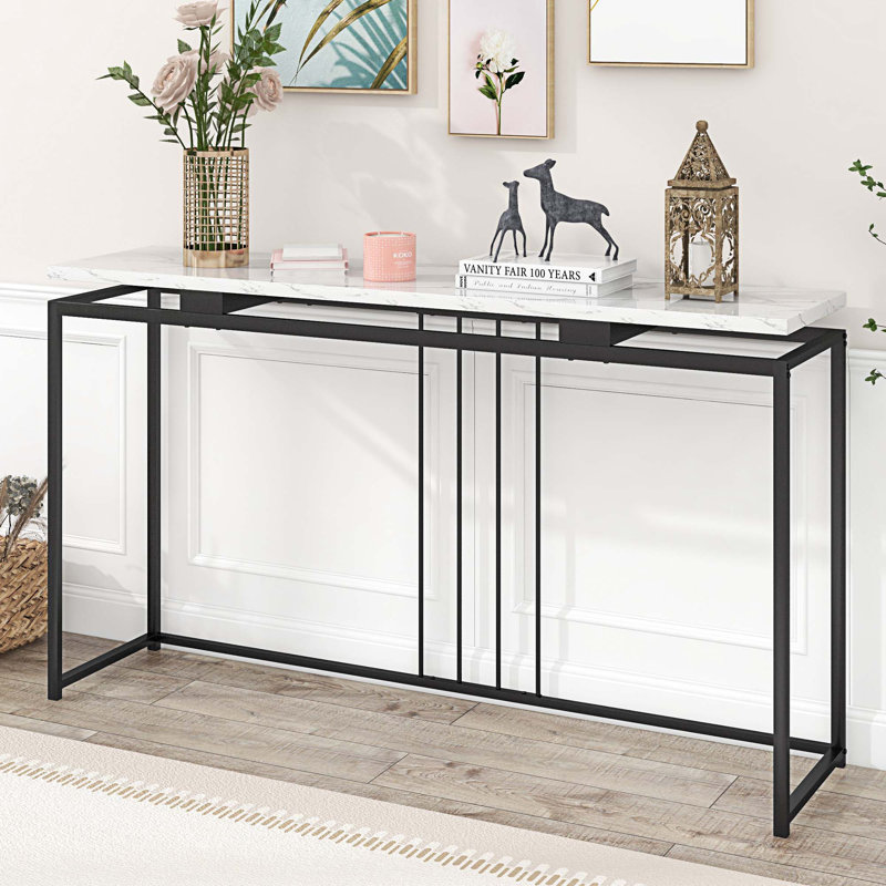 Console moderne, table d'entrée très longue avec structure en métal, Blanc, Noir