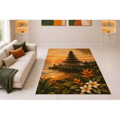 Tapis ultramince « 152 x 213 cm » motif coucher de soleil sur un temple balinais, idéal pour le salon, la chambre à coucher et le bureau. Moquette douce à poils courts avec envers antidérapant en silicone, couleur orange et vert.