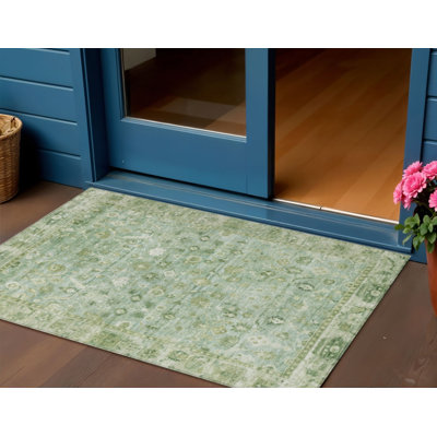 Tapis oriental lavable d'intérieur/extérieur, 90 x 150 cm, vert artichaut, ivoire et beige