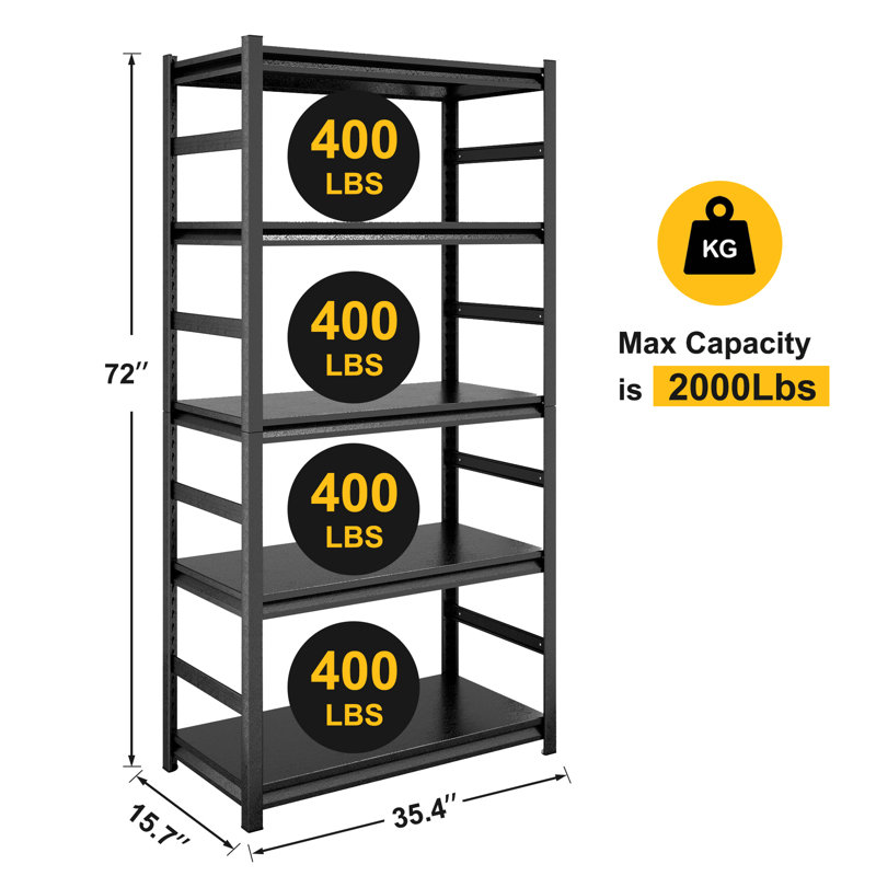 Étagère en métal 5 niveaux - capacité de charge. Fabrication robuste en acier, finition imperméable. Pour la cuisine, le bureau, le garage. H 72 x l 35,4 x P 15,7. Installation facile sans effort 5 Réglable Robuste 