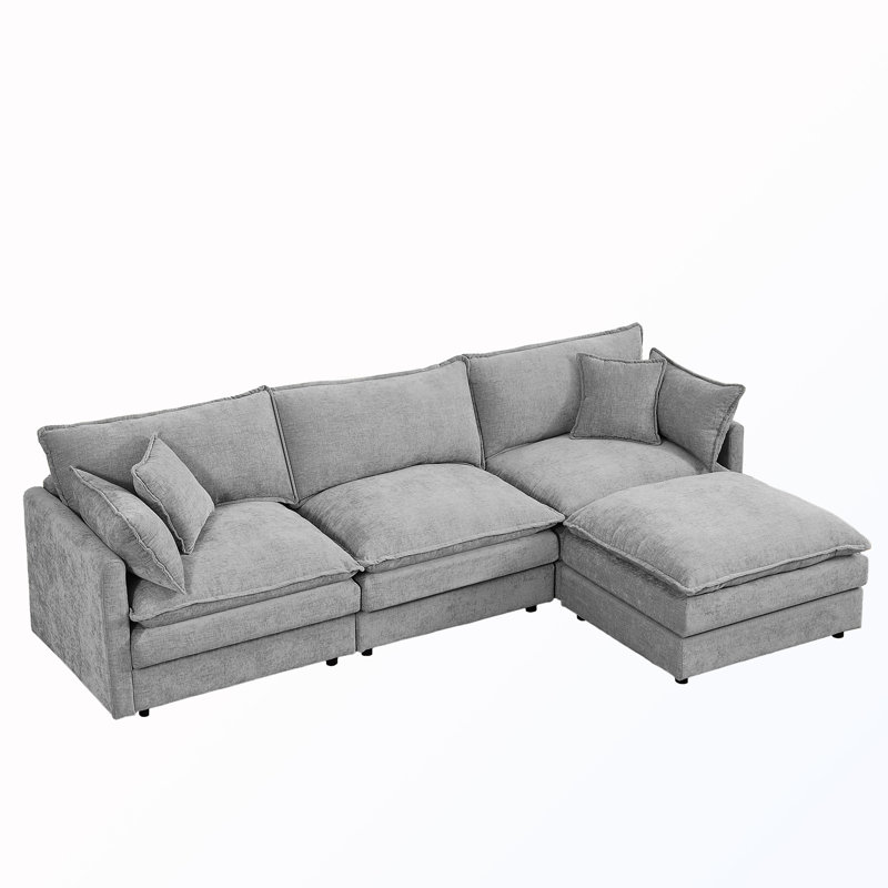 L-Shape Chenille Sectional Couches with Movable Ottoman, Gray Chenille