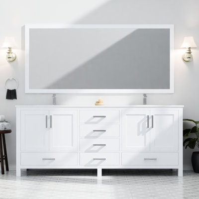 White 80 In. Double Bath Vanity - Marble Top & Faucet Soft Close, Scratch-, Generous Storage With 2 Cabinets And Open Shelf In Cultured Stain-, Abundant Drawer Cabinet