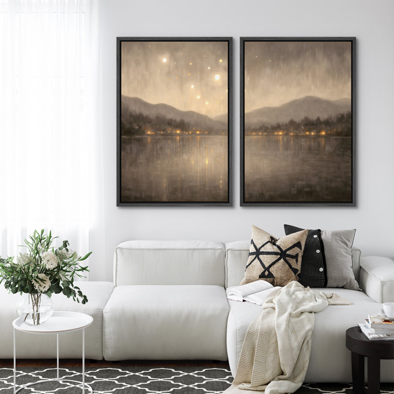 «Golden Night Lake with Mountains and Glowing Lights», reproduction d'art sur toile encadrée dans la chambre principale, 2
