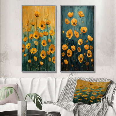 Yellow Blue Sunshine Buttercups Meadow I - Buttercups Wall Art 2 Pieces Set
