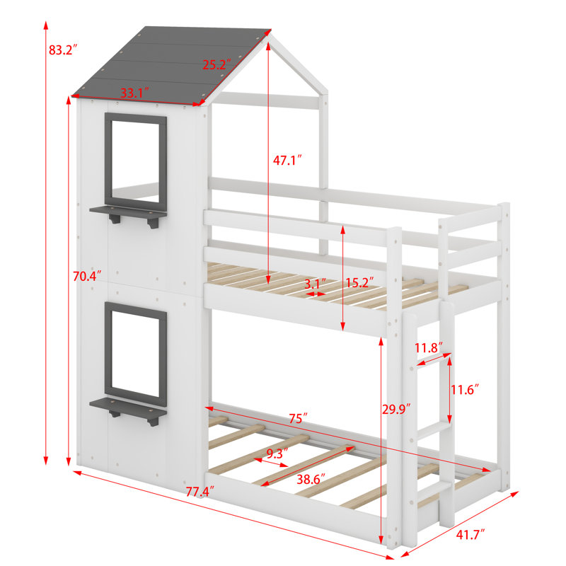 Bunk Bed With Roof, Window, Guardrail, Ladder, White