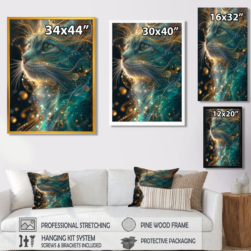 Astral Purr Turquoise Galactic Cat - Art mural chat, H 32 po x l 24 po x P 1 po, Toile avec cadre noir