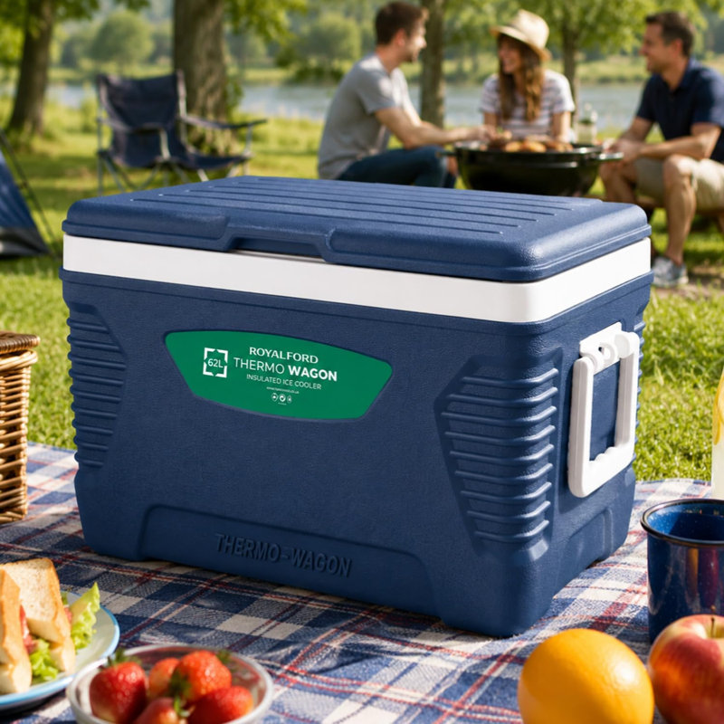 ROYALFORD 62L Large Insulated Cooler Box | Portable Ice Box with Handle | Heavy Duty Cool Box for Camping Picnic Travel| 3 Layer Insulation Chiller Box BPA Free High Performance Cooling Upto 24 Hour