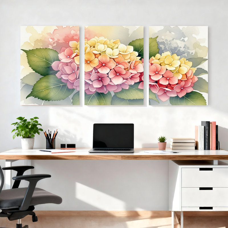 Tableau aquarelle floral d'hortensia sur toile tendue (lot de 3), H 30 po x l 60 po