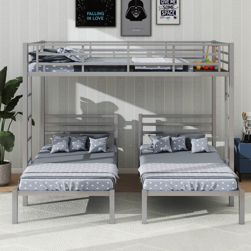 Structure de lit superposé durable en métal double et simple avec tablette intégrée et deux échelles latérales, Argent argent