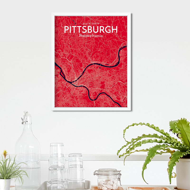 Pittsburgh City Map, impression, Rouge / Bleu marine, H 20 po x l 16 po
