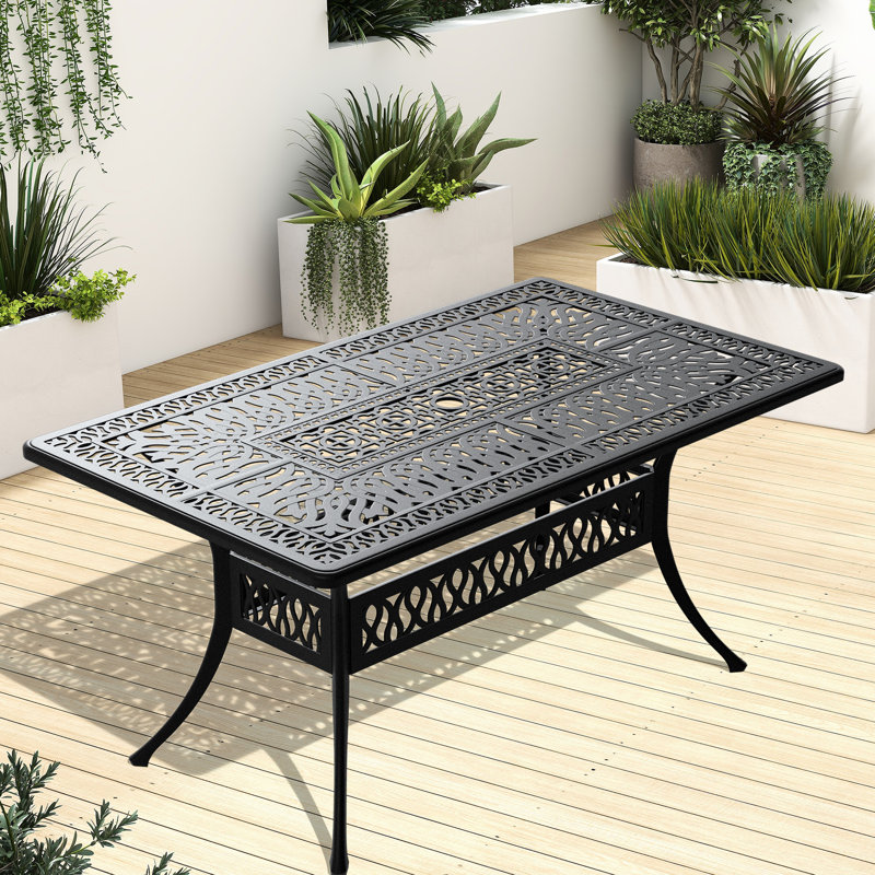 Table de salle à manger d'extérieur en aluminium - noire, rectangulaire, trou de parasol, peu encombrante, 6 pièces, avec large