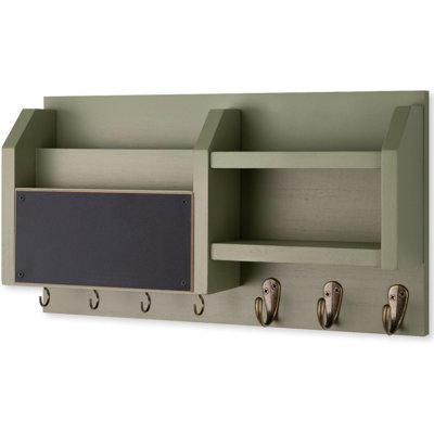 Mail And Key Rack - Wall-Mounted Key Holder With Shelves And 7 Metal Hooks - Decorative Natural Teak Entrance Storage Rack, Including Accessories (16.5 Inches Wide X 8.7 Inches High X 3.5 Inches Deep) (Lavender Green)
