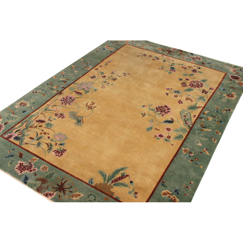 Rug & Kilim’S Chinese Style Art Deco Rug In Green And Beige-Gold Floral Pattern, Rectangle 5' x 8'