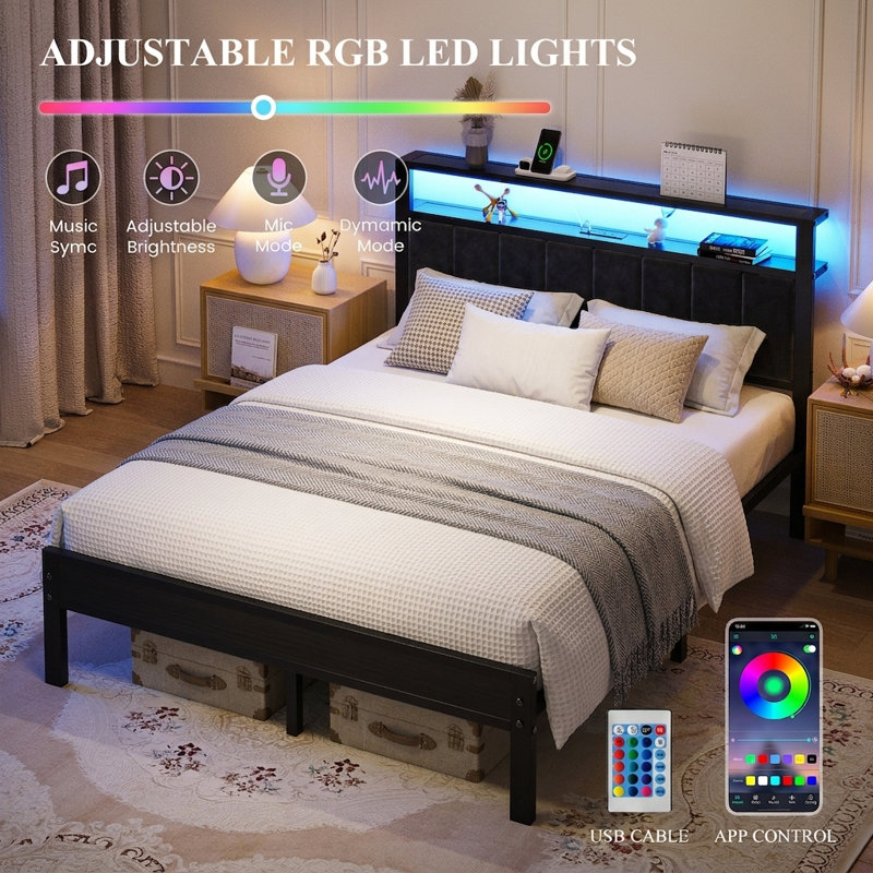 Upholstered Bed Frame With Led Lights Storage Headboard And Charging Station, Full, Black, No Drawer