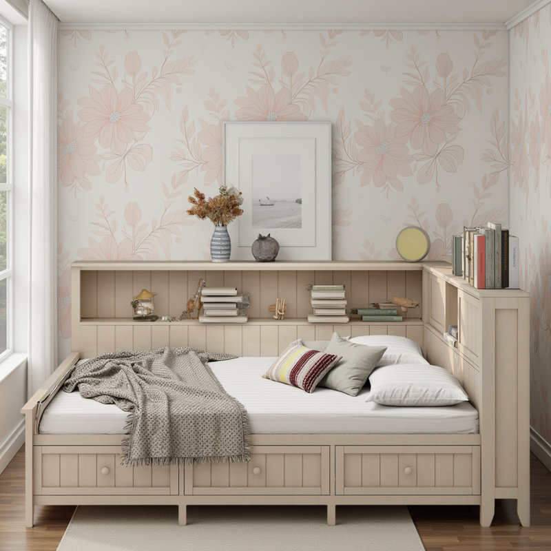 Lit de jour Farmhouse avec tablettes de rangement et 3 tiroirs - Structure en bois massif, finition blanc antique, sans sommier