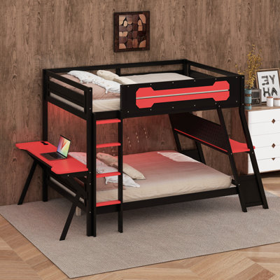 Lit superposé avec deux bureaux de jeu intégrés et ports USB, cadre de lit superposé en bois avec organisateur de panneau perforé, barrière de sécurité et échelle