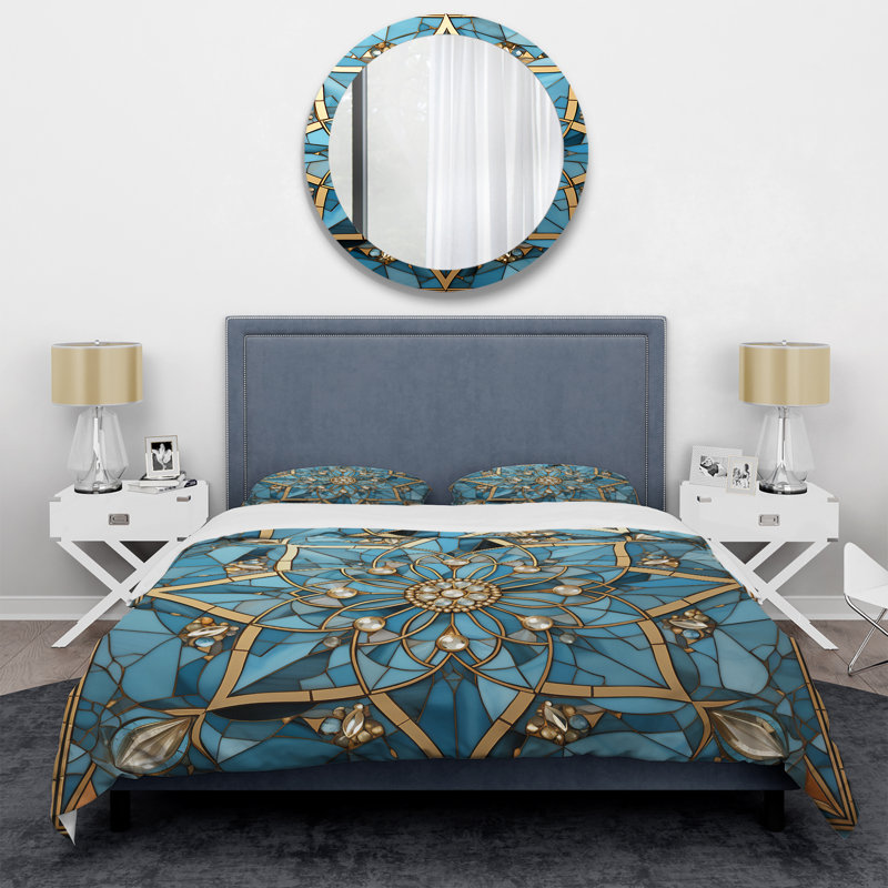Ensemble de housse de couette bleu et or, Housse de couette pour lit simple + 1 taie décora
