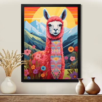 Alpaga rose au Chili, paysage de montagnes en fleurs, art mural lama, salon