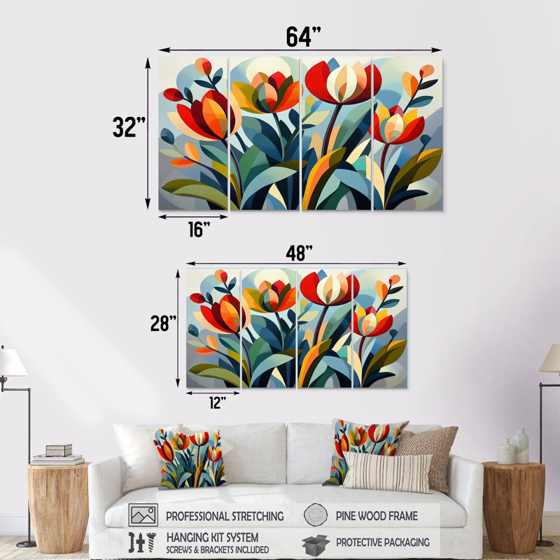 «Green Mid Century Mod Nature Tulip V», ensemble d'art mural abstrait Mid-Century, H 32 po x l 64 po