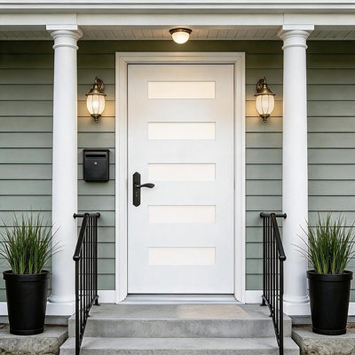 Porte d'entrée en fibre de verre 91,4 cm x 203,2 cm (36 po x 80 po) avec cadre en PVC blanc de 11,6 cm (4-9/16 po), ouverture intérieure à droite avec moulure de brique, style minimaliste contemporain, surface lisse brossée et verre dépoli, blanc.