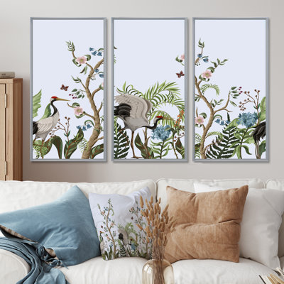 Bordure avec grues et pivoines dans un style chinois - 3 pièces, cadre flottant, impression sur toile