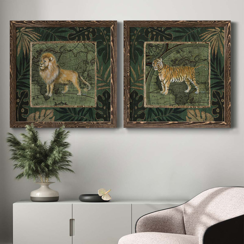 Jungle Lion - ensemble de 2 peintures sur toiles encadrées, H 35,5 po x l 71 po x P 1,5 po, Cadre noyer