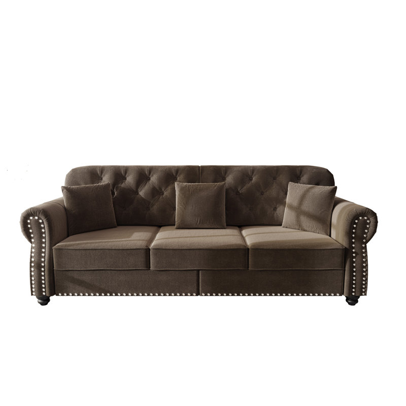 Canapé Chesterfield 82,6 po rembourré en velours avec garniture cloutée et accoudoirs roulés, canapé de style Mid-Century moderne capitonné avec boutons, brun