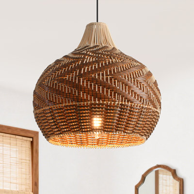 Rattan & Film Pendant Light, Mixed Materials Shade, Iron Frame, Adjustable Height, E27 Socket, 48 Cm Diameter, For Modern Rustic Homes (Bulb Not Included)