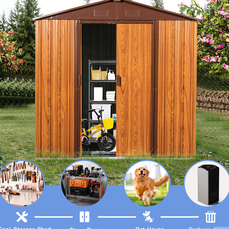 73.19 In. High Metal Shed With Galvanized Steel & Rot Design Storage Unit Insect- Coating, Yellow/Brown