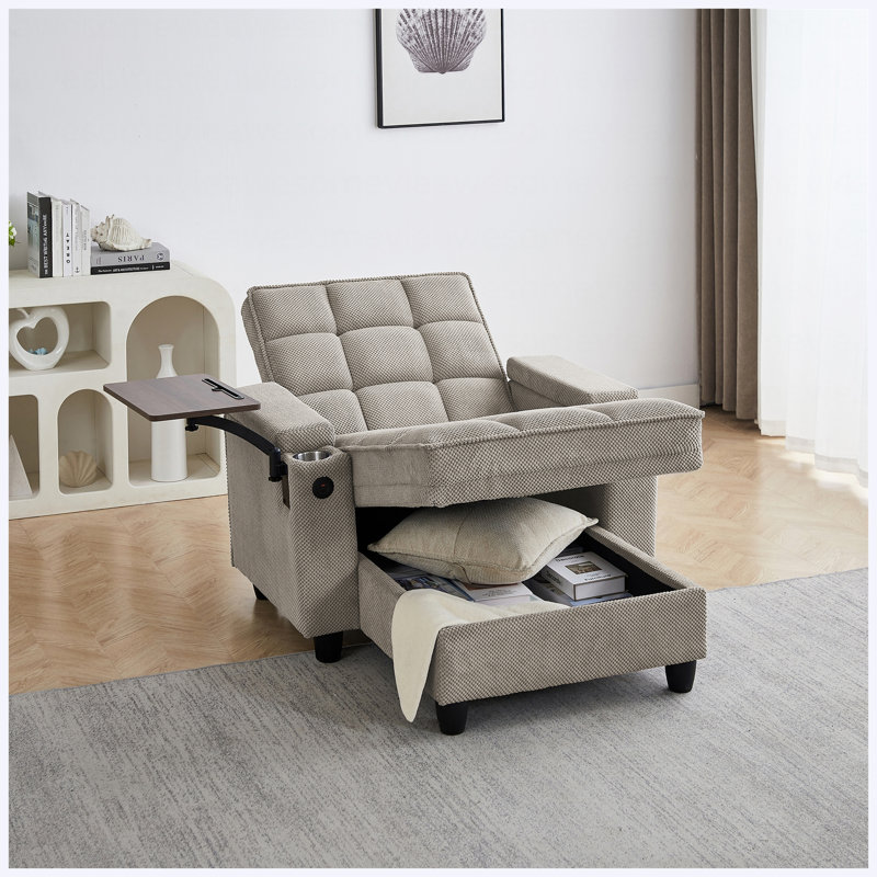 Khaki Chaise Lounge Sleeper Chair Bed with 6-Position Adjustable Backrest, USB Ports, Cup Holder & Swivel Side Table