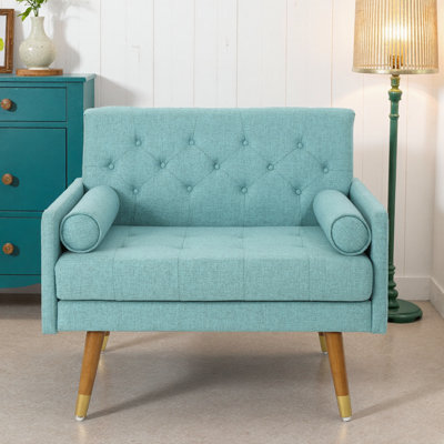 Fauteuil club Mid-Century en velours bleu avec pieds dorés | Méridienne Retro | Fauteuil rembourré en velours pour le salon