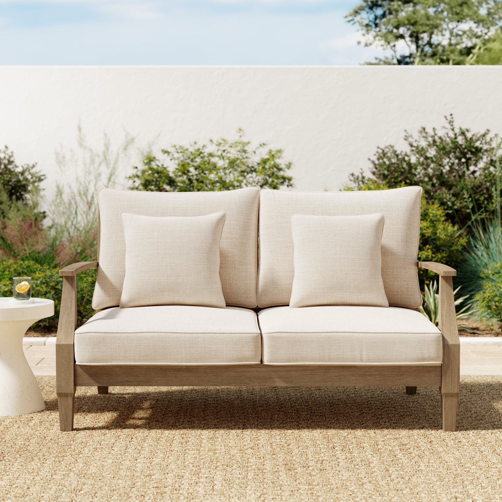 Samya Outdoor Loveseat with Cushions, Natural/Beige