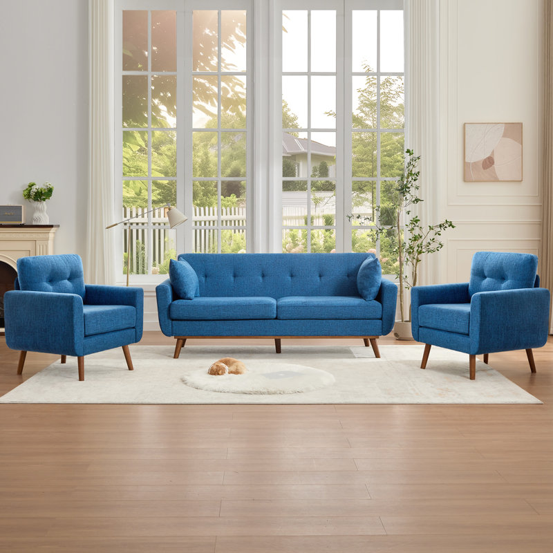 Ensemble de salon rembourré capitonné 78 po avec 2 fauteuils, Bleu