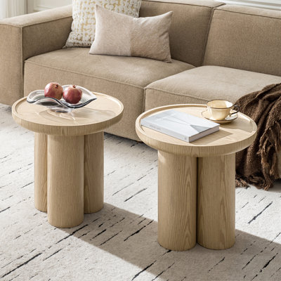Pendle 19.75"W Modern Round End Table with Oak Finish and Sculptural 3-Leg Base Set of 2