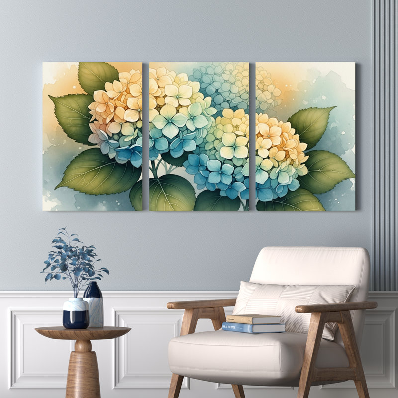Hydrangea, reproduction d'art sur toile tendue sur toile, ensemble de 3, H 30 po x l 60 po