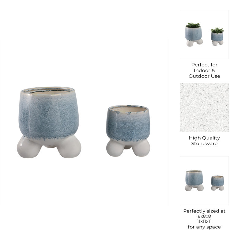 Sagebrook Home Knobby Footed Planters, Blue/White, 2-Pieces