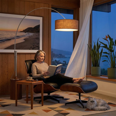 Tambo 92"H 1-Light Arc Lamp, Burlap Shade, Dark Walnut Base, Satin Nickel, Dimmable, for Living Room or Bedroom