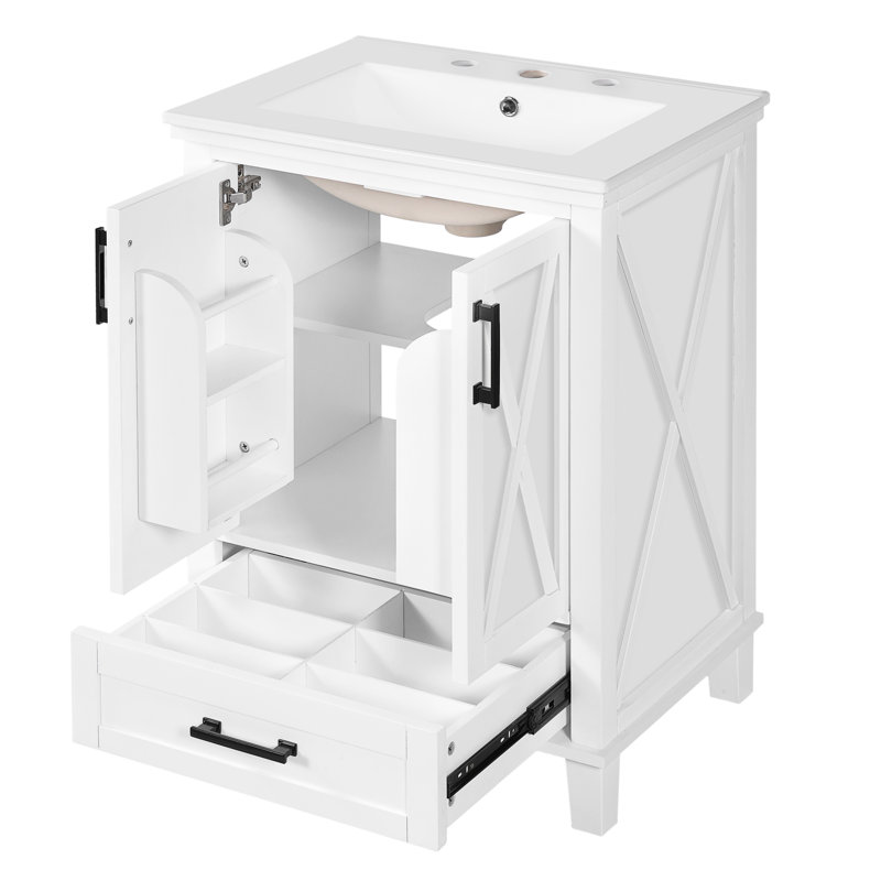 Meuble-lavabo de 24 po avec lavabo en céramique, structure en bois massif et assemblage facile de 24 po avec rangement intelligent, poignées en alliage d'aluminium