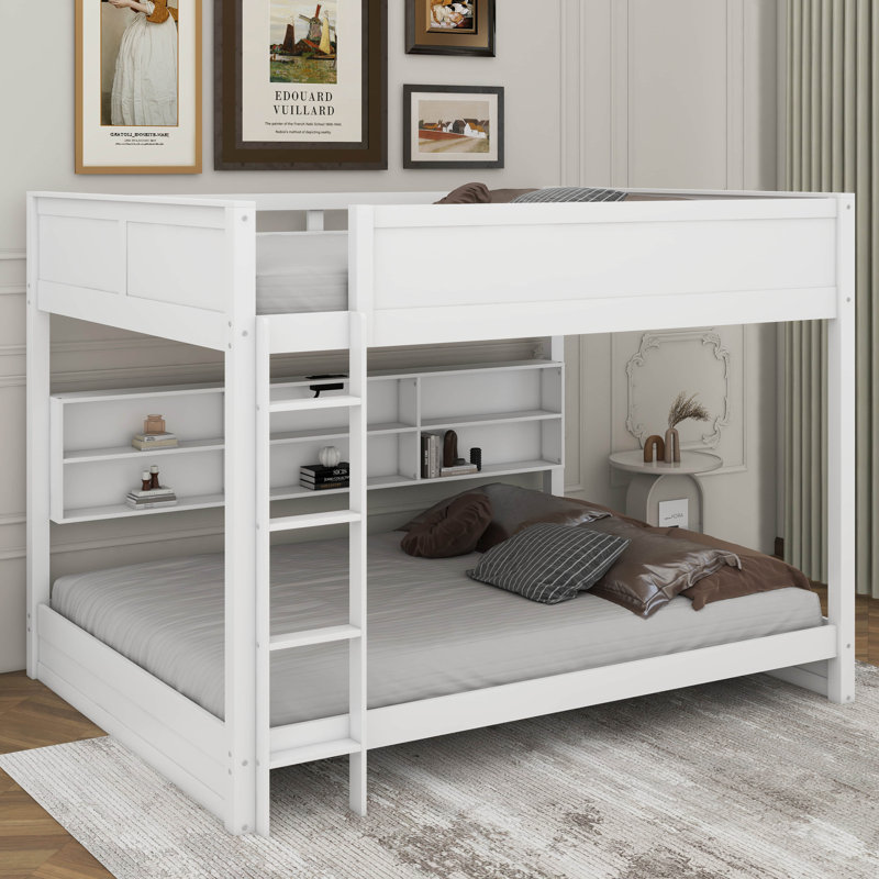 Lit superposé grand sur grand avec armoires et port USB, Blanc