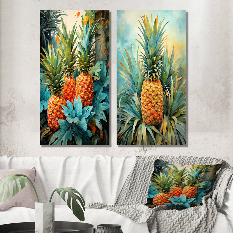 Ensemble de salon mural vert et bleu avec ananas tropicaux I - fruits, Toile tendue, H 28 po x l 25 po