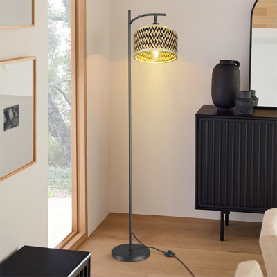 Industrial Floor Lamp With Rustic Stripe Lampshade Standing Pole Light Heavy Base E26 Socket Footswitch For Bedroom Office Reading Study