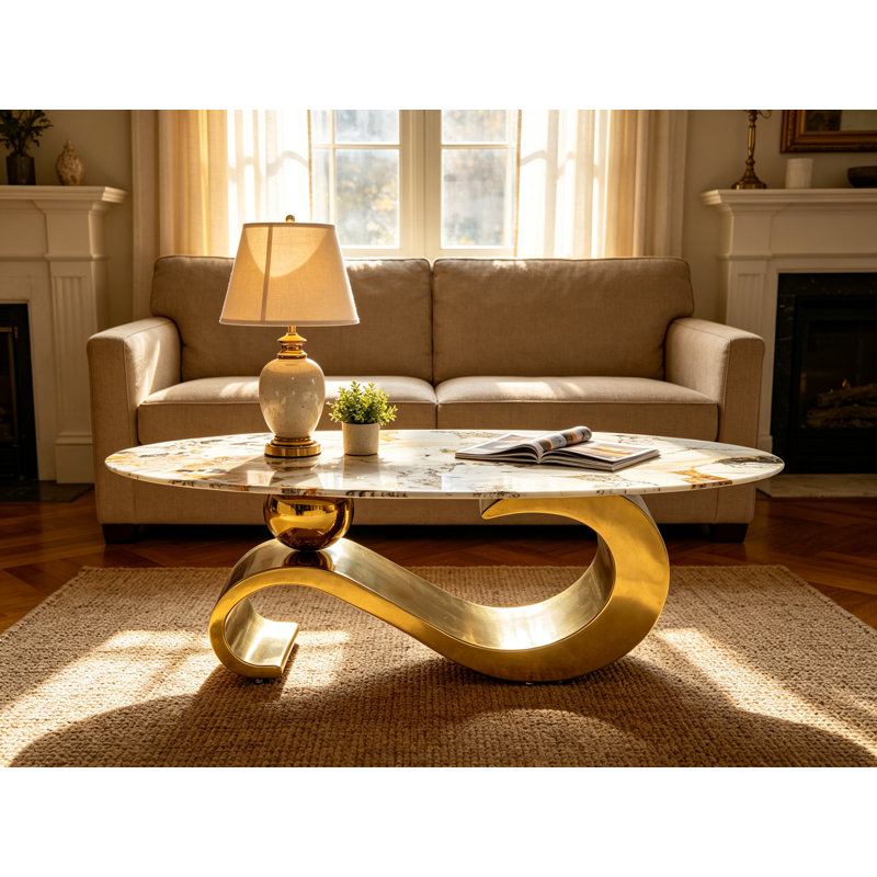 Table basse ovale en imitation marbre, table moderne avec structure en acier inoxydable doré, plateau à motif marbre blanc pour la décoration du salon