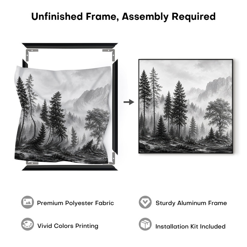 Très grand art mural imprimé sur bois - Forêt de pin brumeux noir rustique - "Assemblage requis (cadre non fini)"