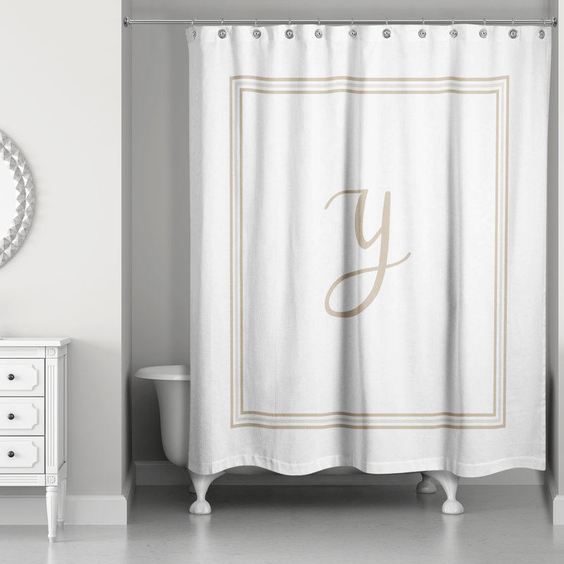 Beige and White Monogrammed Fabric Shower Curtain, 71" x 74"