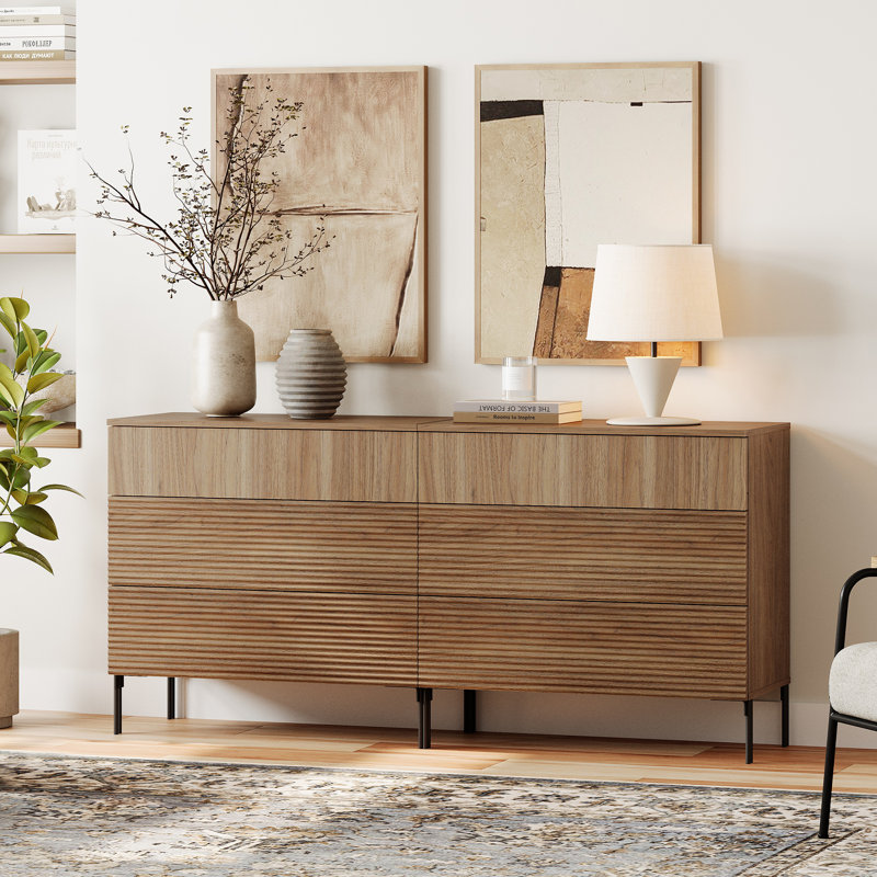 Union Rustic 63" Wood Accent Chest Set With Drawers, Modern Credenza Storage Cabinet With Reeded Design For Living Room, Kitchen, Dining Room, Hallway
