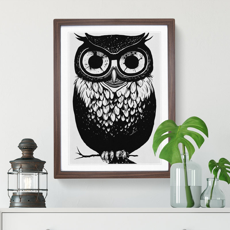 Owl Monochrome No.3 - Framed Print, 34cm H x 25cm W x 2cm D, Walnut